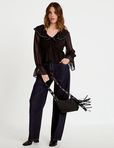 Blouse col claudine bas resserr&eacute; noir femme