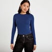T-shirt cintr&eacute; col rond manches longues bleu fonc&eacute; femme