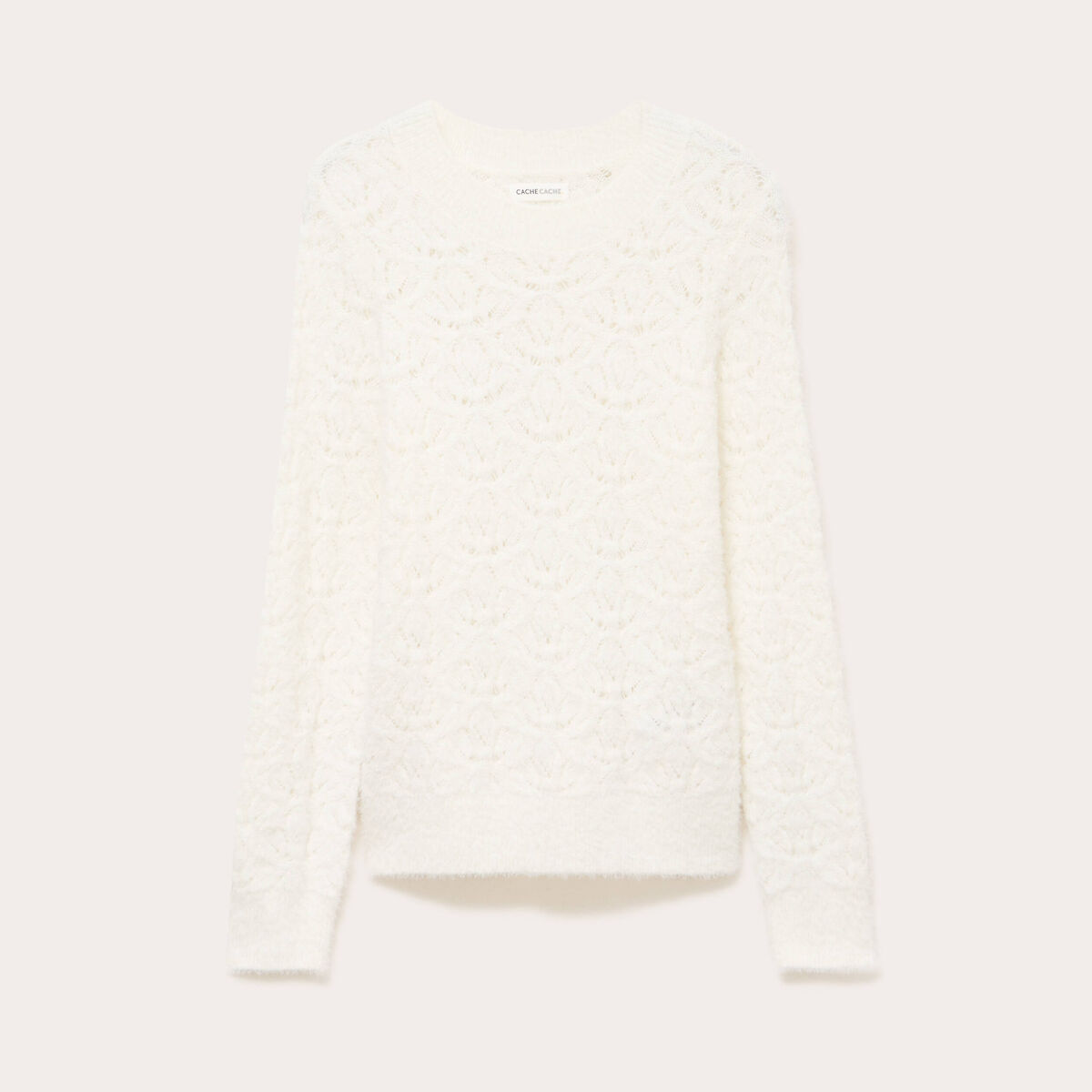 Pull ajour&eacute; col rond manches longues ecru femme