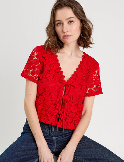 T-shirt noué dentelle guipure rouge femme