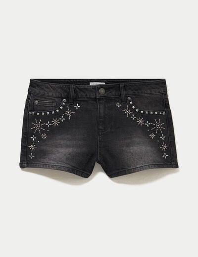 Short en jean avec broderie denim noir femme