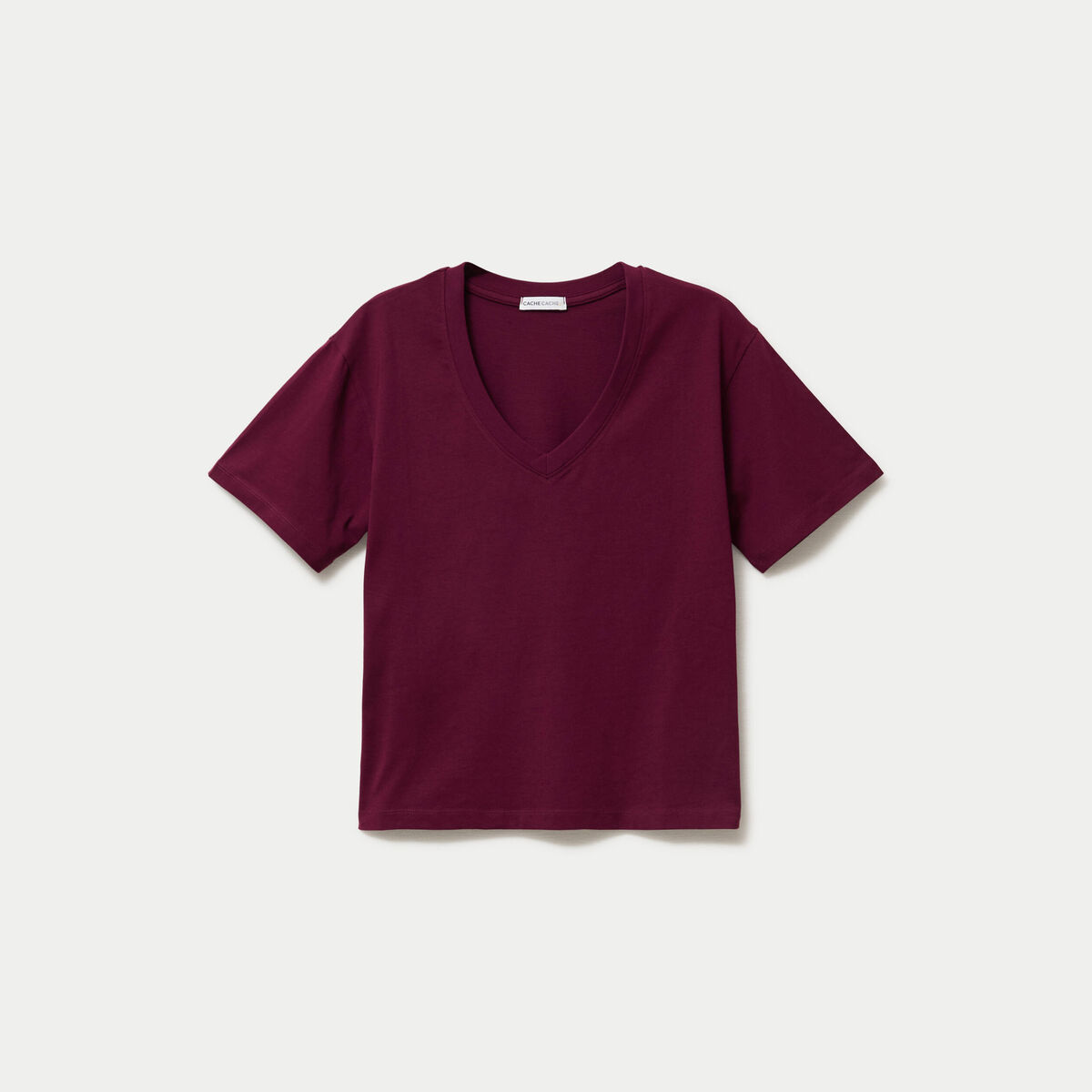 T-shirt col v manches courtes bordeaux femme