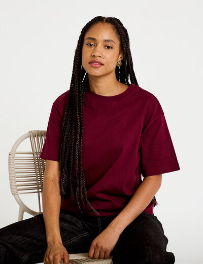T-shirt col rond manches courtes bordeaux femme