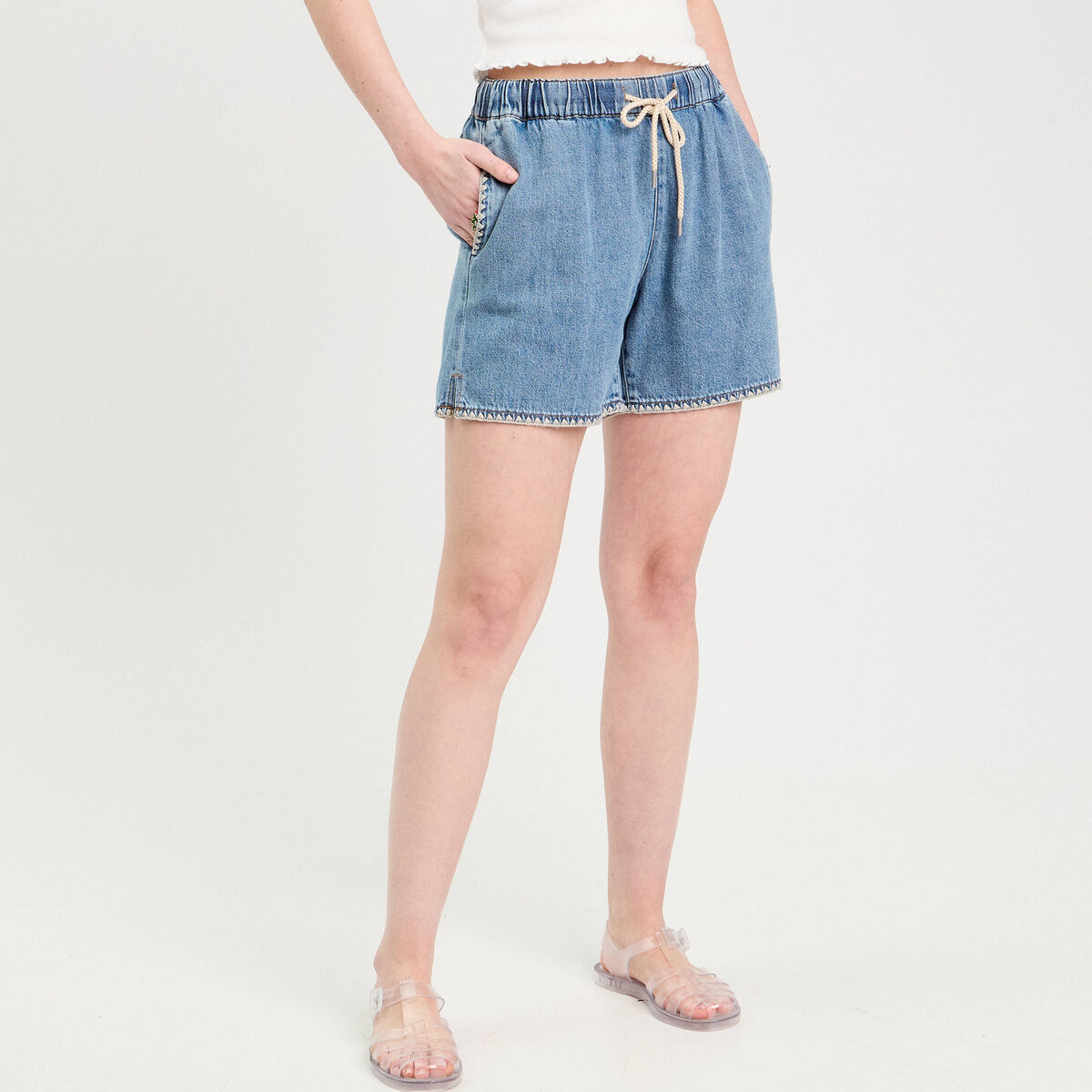 Short flare brodé en jean denim double stone femme