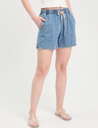 Short flare brodé en jean denim double stone femme