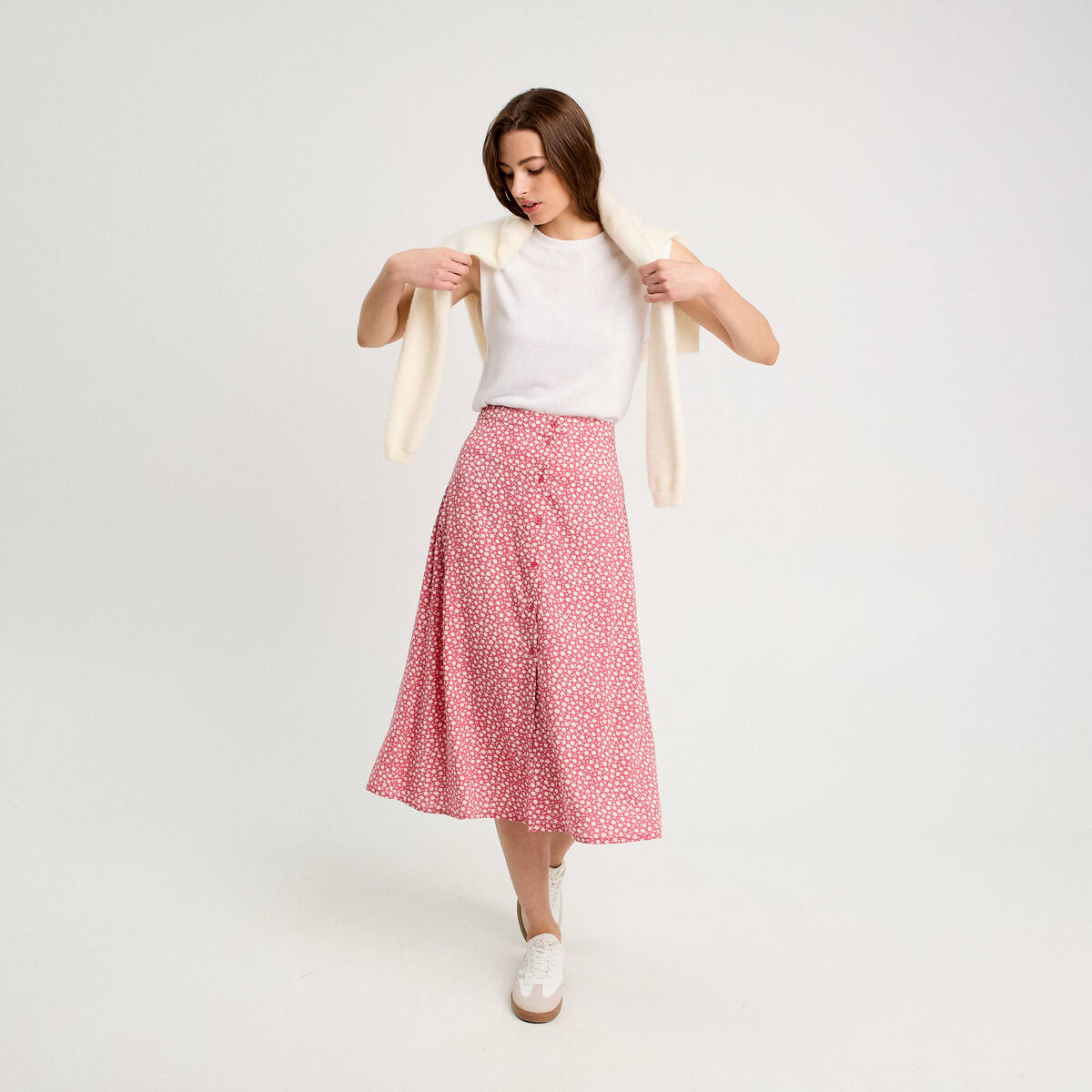Jupe midi droite boutonnée rose femme