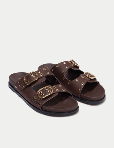 Mules d&eacute;tails clout&eacute;s marron fonc&eacute; femme