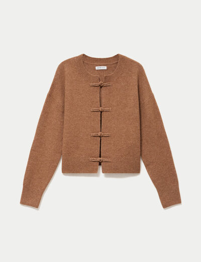 Gilet col rond manches longues avec lien camel femme
