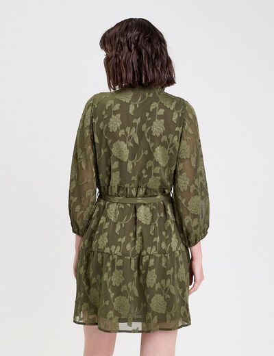 Robe chemise évasée ceinturée vert kaki femme