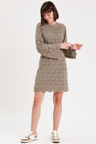 Robe pull droite crochet vert kaki femme