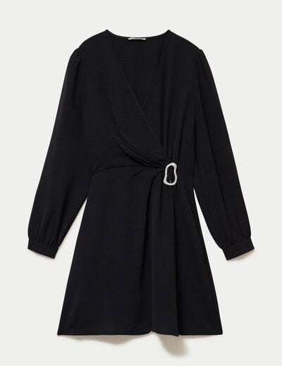 Robe courte &eacute;vas&eacute;e col v manches longues noir femme