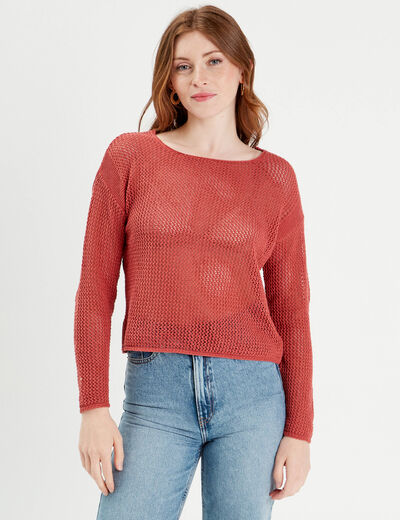 Pull crochet manches longues vieux rose femme
