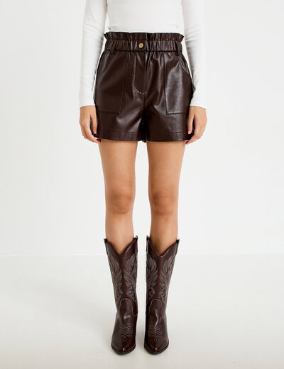 Short large taille haute en similicuir marron fonc&eacute; femme