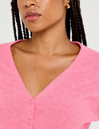 Gilet col v manches longues rose vif femme