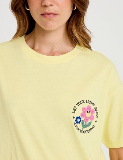 T-shirt bouclettes manches courtes jaune pastel femme