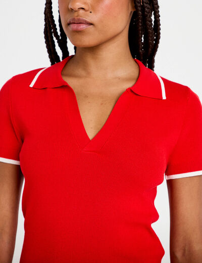 Pull manches courtes col polo rouge femme
