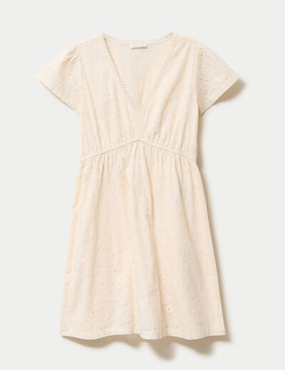 Robe courte &eacute;vas&eacute;e d&eacute;collet&eacute; brod&eacute;e ecru femme