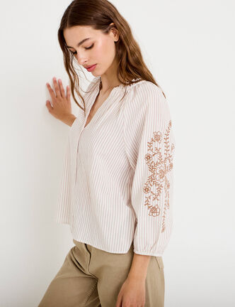 Blouse col v broderie manches 3/4 sable femme