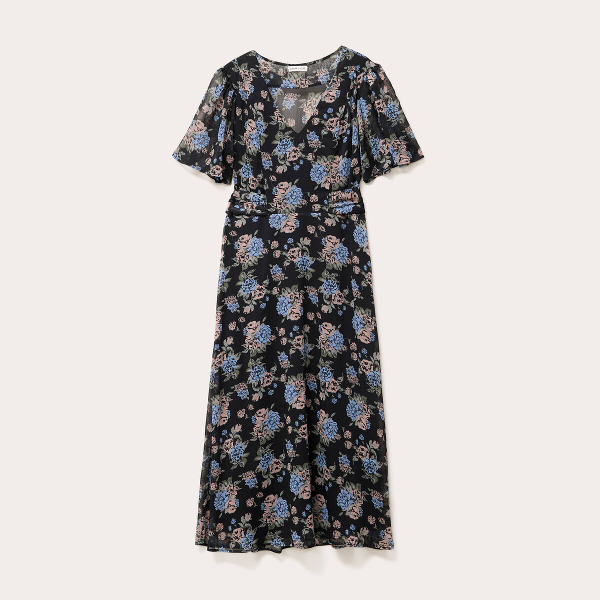 Robe midi évasée col en V noir femme