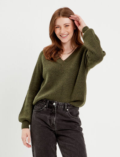 Pull avec col en V vert kaki femme