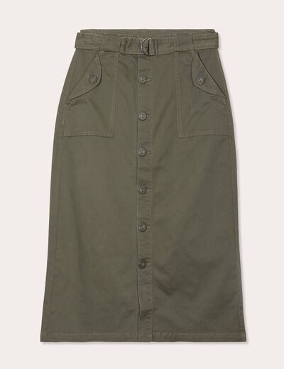 Jupe midi droite ceinturée vert kaki femme