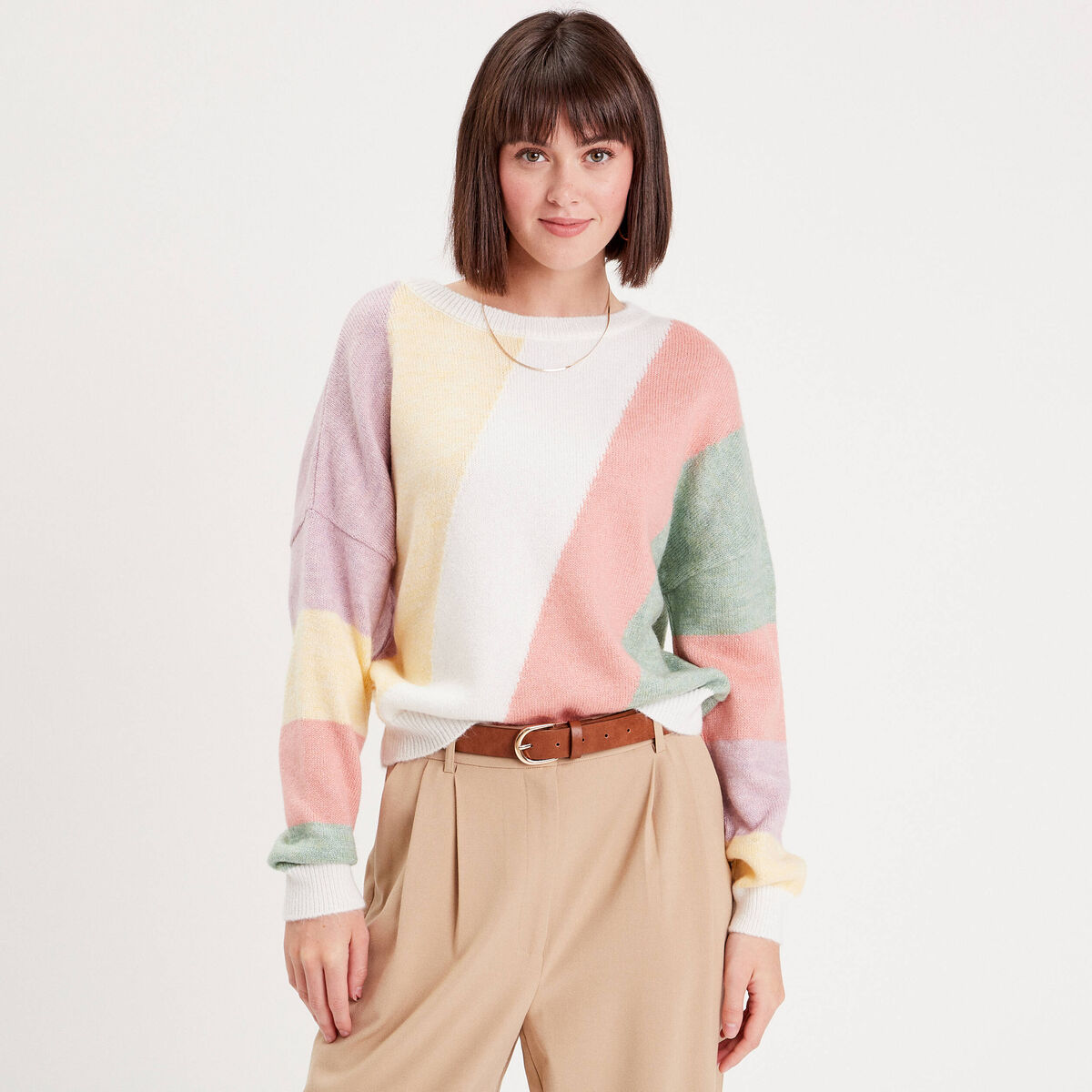 Pull manches longues col rond multicolore femme