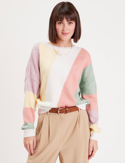 Pull manches longues col rond multicolore femme