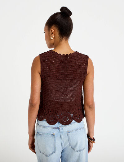 Gilet ajust&eacute; court sans manches col v marron fonc&eacute; femme