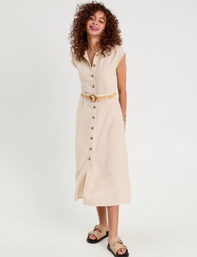Robe chemise midi contenant du lin beige femme