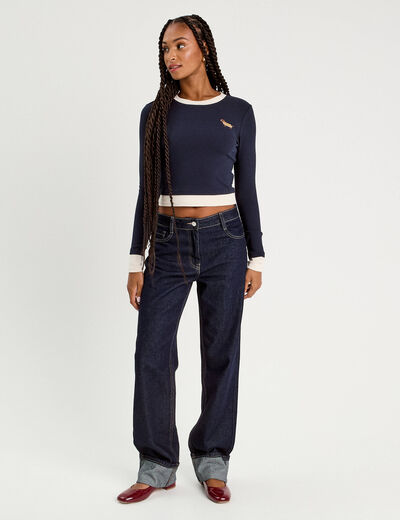 T-shirt cropped 2-en-1 bleu marine femme
