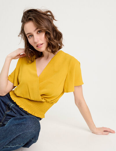 Blouse smockée manches courtes jaune citron femme