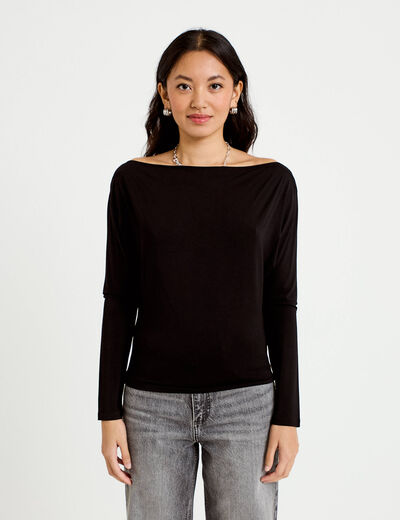 T-shirt col bateau manches longues noir femme