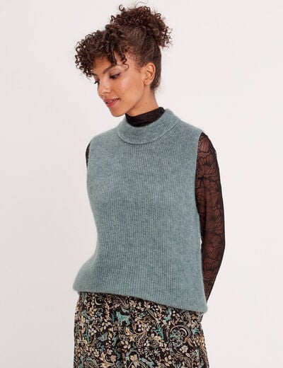 Pull sans manches col roulé vert foncé femme
