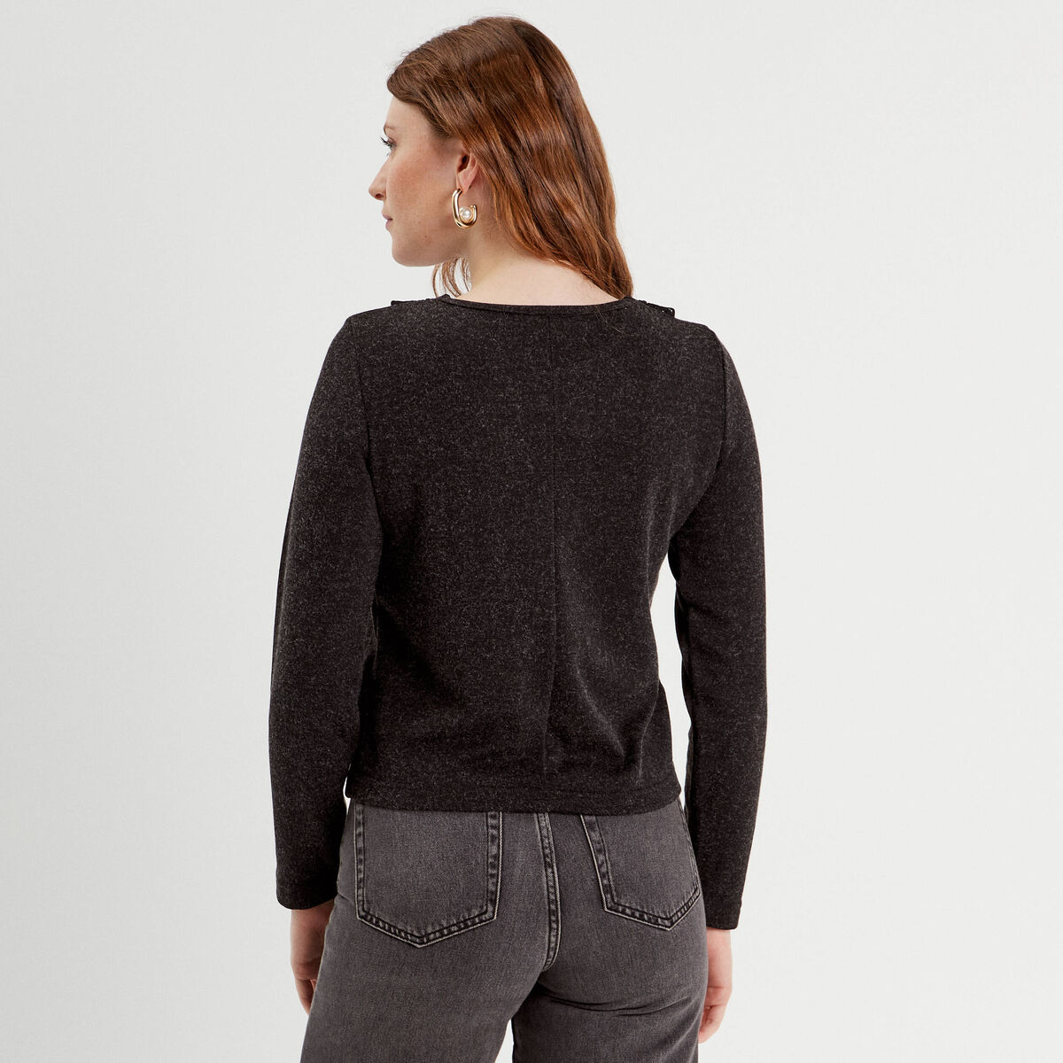 T-shirt col claudine macramé gris foncé femme