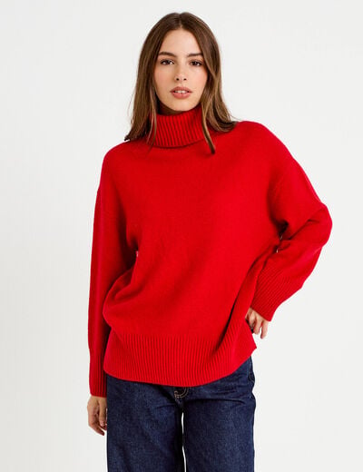 Pull col roul&eacute; manches longues rouge femme