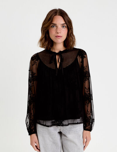 Blouse dentelle manches longues noir femme