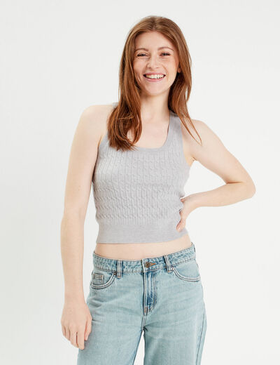 Débardeur tricot torsades gris clair femme