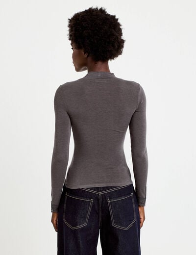 T-shirt ajust&eacute; col roul&eacute; dentelle gris fonc&eacute; femme
