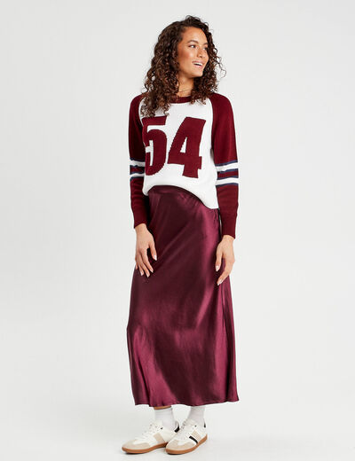 Jupe midi droite satin prune femme
