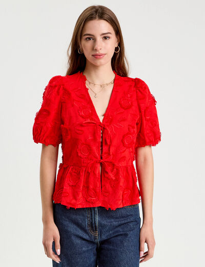 Blouse manches courtes noeuds rouge fluo femme