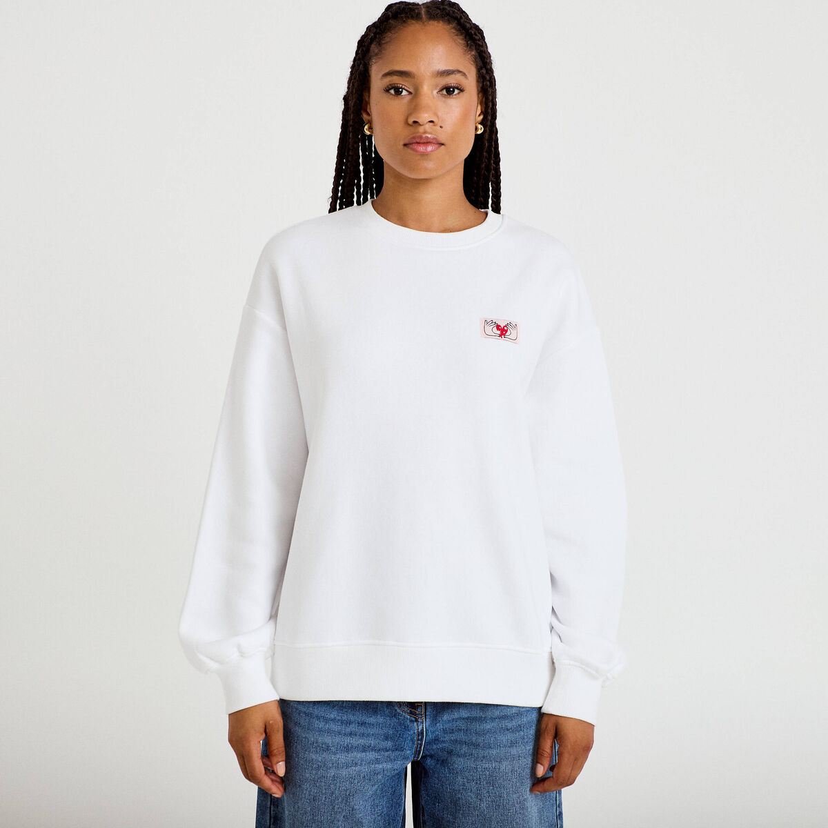 Sweat oversize col rond manches longues blanc femme