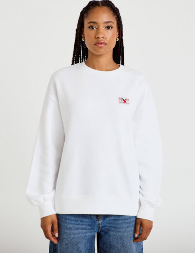 Sweat oversize col rond manches longues blanc femme