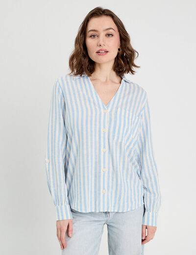 Chemise manches longues contenant du lin bleu femme