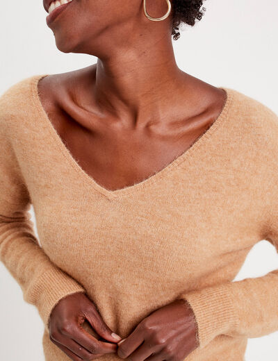 Pull avec col en V beige femme