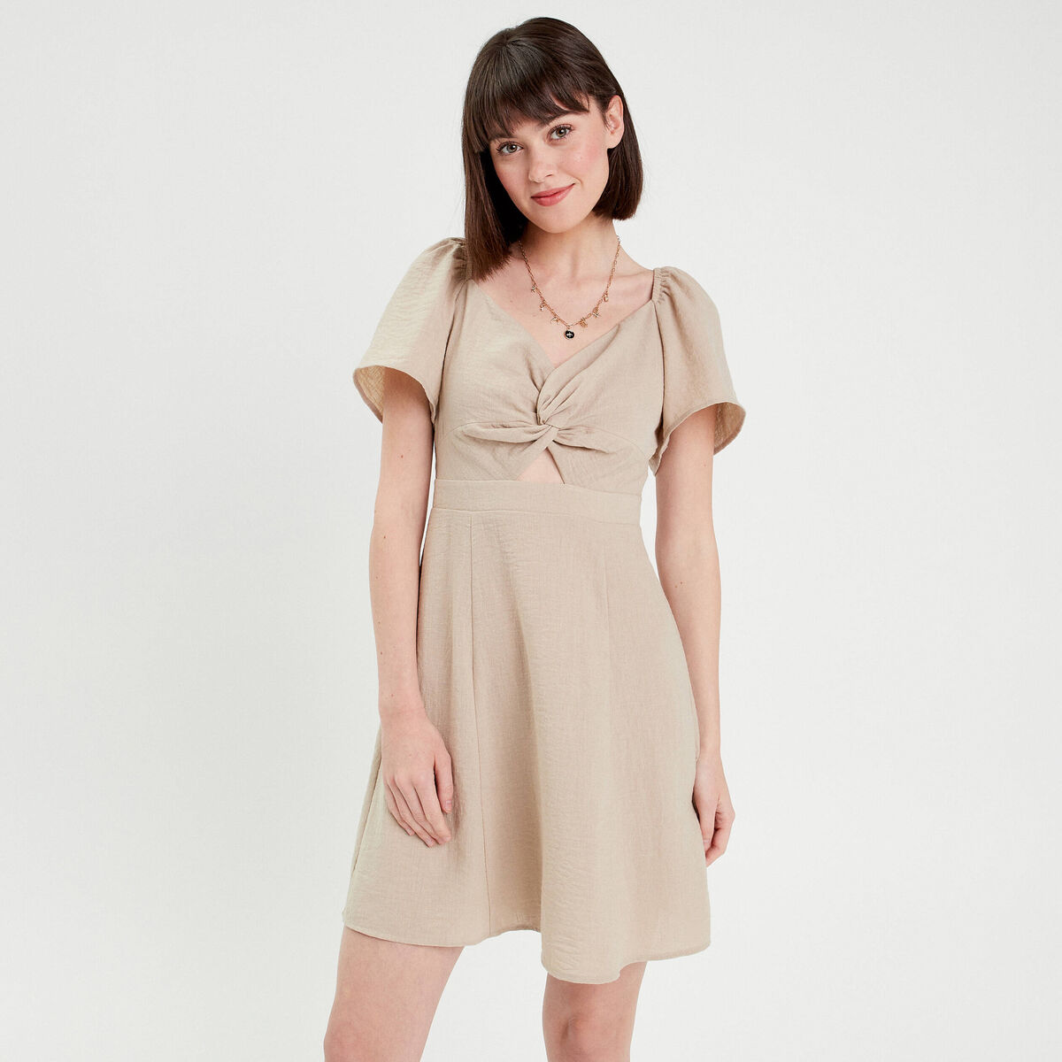 Robe patineuse manches courtes beige femme