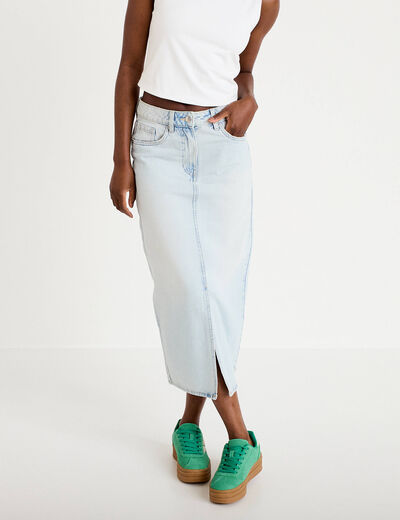 Jupe droite midi en jean 5 poches denim bleach femme