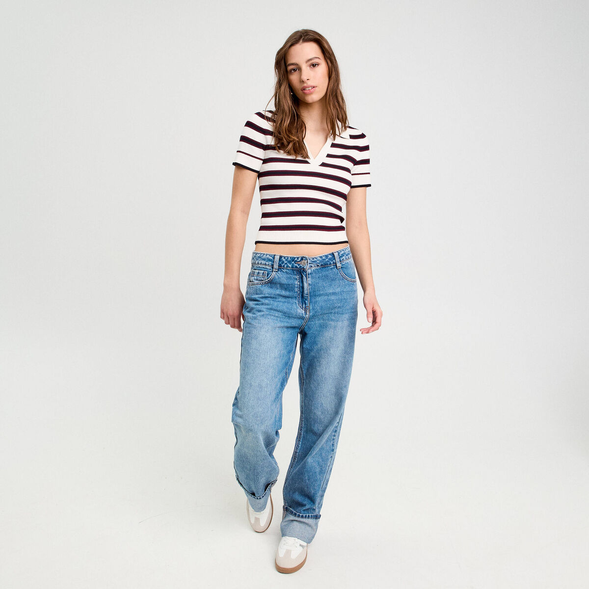 Pull manches courtes col polo blanc femme