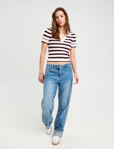 Pull manches courtes col polo blanc femme