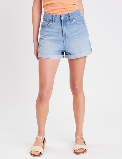 Short mom taille haute en jean denim double stone femme