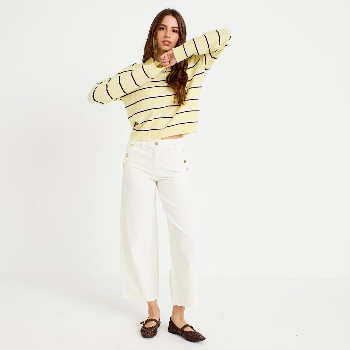 Pantalon taille haute velours ecru femme